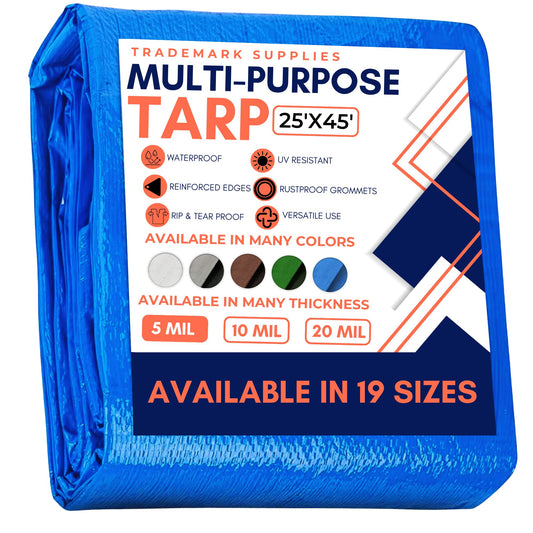 Large Waterproof Tarp - Heavy Duty 5 Mil Thick Poly Tarpaulin Ideal for Canopy Tents, Boats, RV or Pool Covers - Multipurpose Protective Tarps with Grommets for Indoor and Outdoor Use | 25' x 45'
