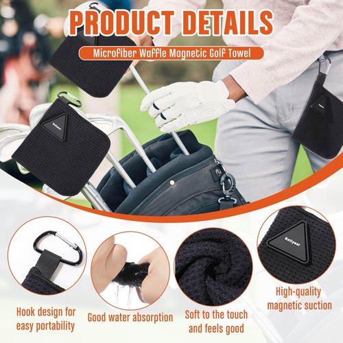 Batiyeer 3 Pack Small Magnetic Golf Towels Gift for Men 5.5 x 5.5 Inch Microfiber Waffle Material with Clip Pocket Golf Towel with Magnet for Carts Fall Camping Club Men Women (Black)