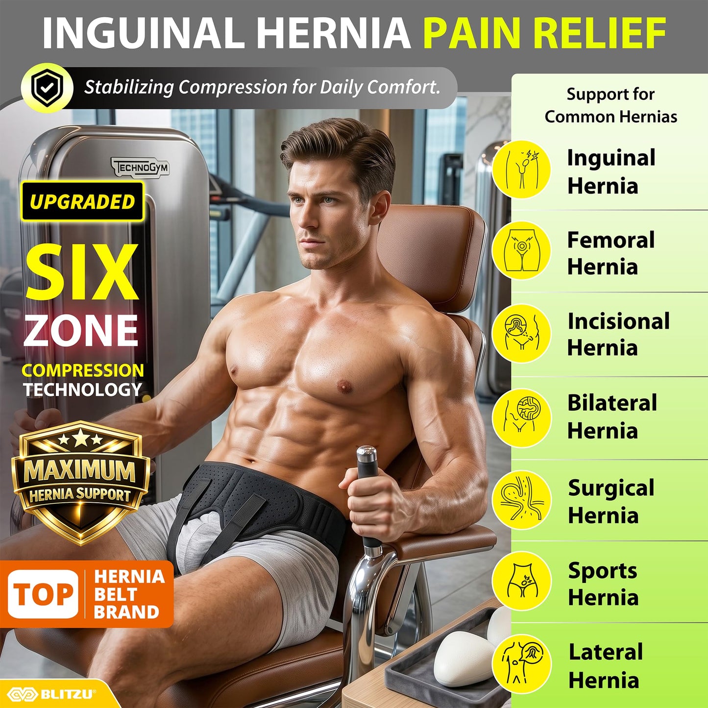BLITZU Hernia Belt for Bilateral, Double or Single Inguinal, Groin Hernia Support Truss for Men, Women, Pain Relief, Surgery Recovery, Adjustable with 2 Removable Medical Compression Pads. S-M