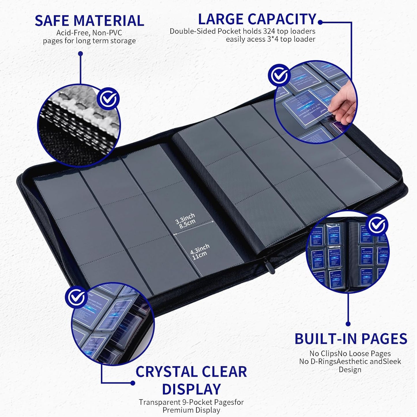 Skiennix Toploader Binder 2-Pack - Waterproof PU Leather, Anti-Yellowing Inserts | Black & Blue, Holds 648 Cards