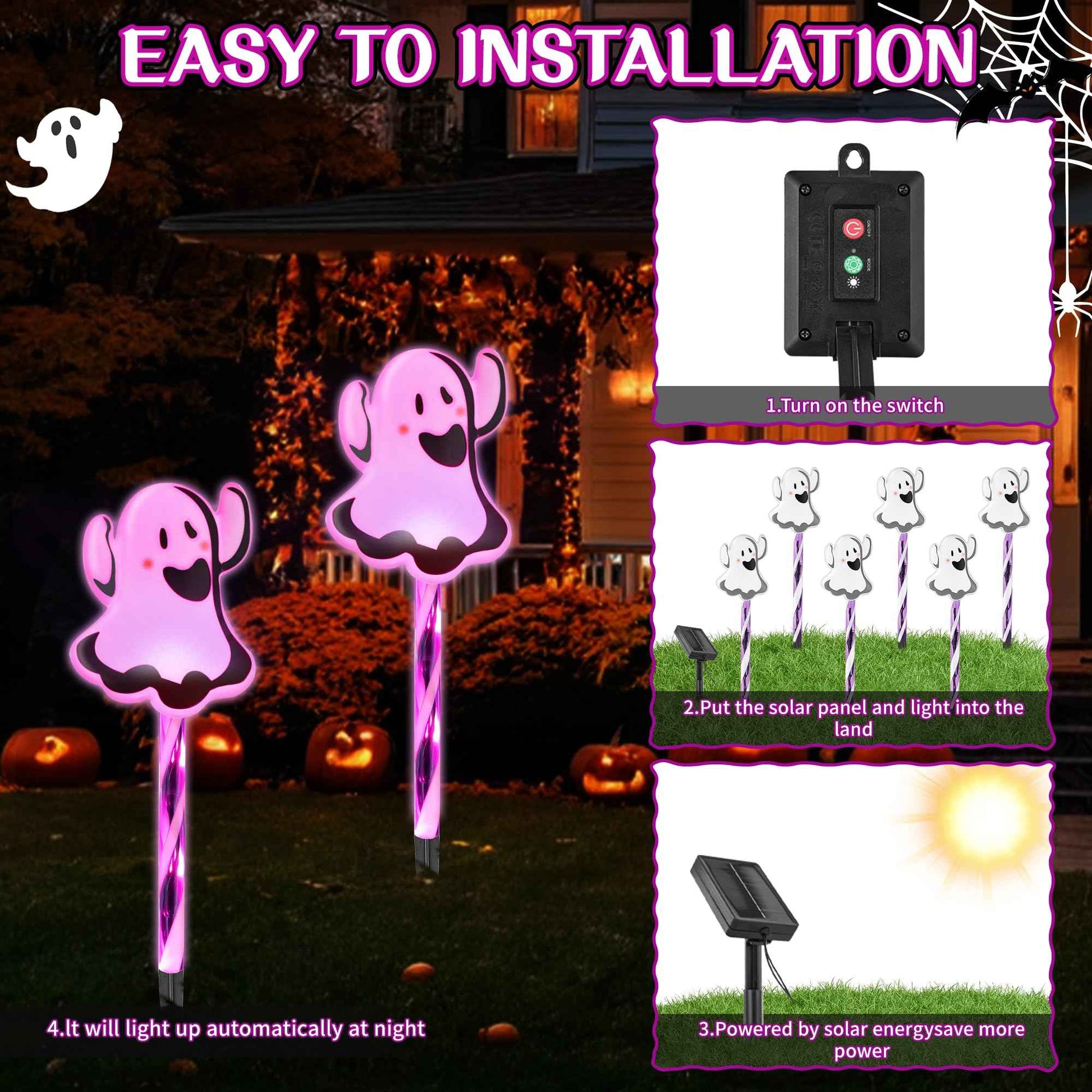 6 in 1 Halloween Ghost Pathway Light, 6 Pack Ghost Stake Lights with Pink LED, Waterproof Outdoor Decoration Ghosts Pathway Marker Lights for Lawn Walkway Yard Garden Party Decor