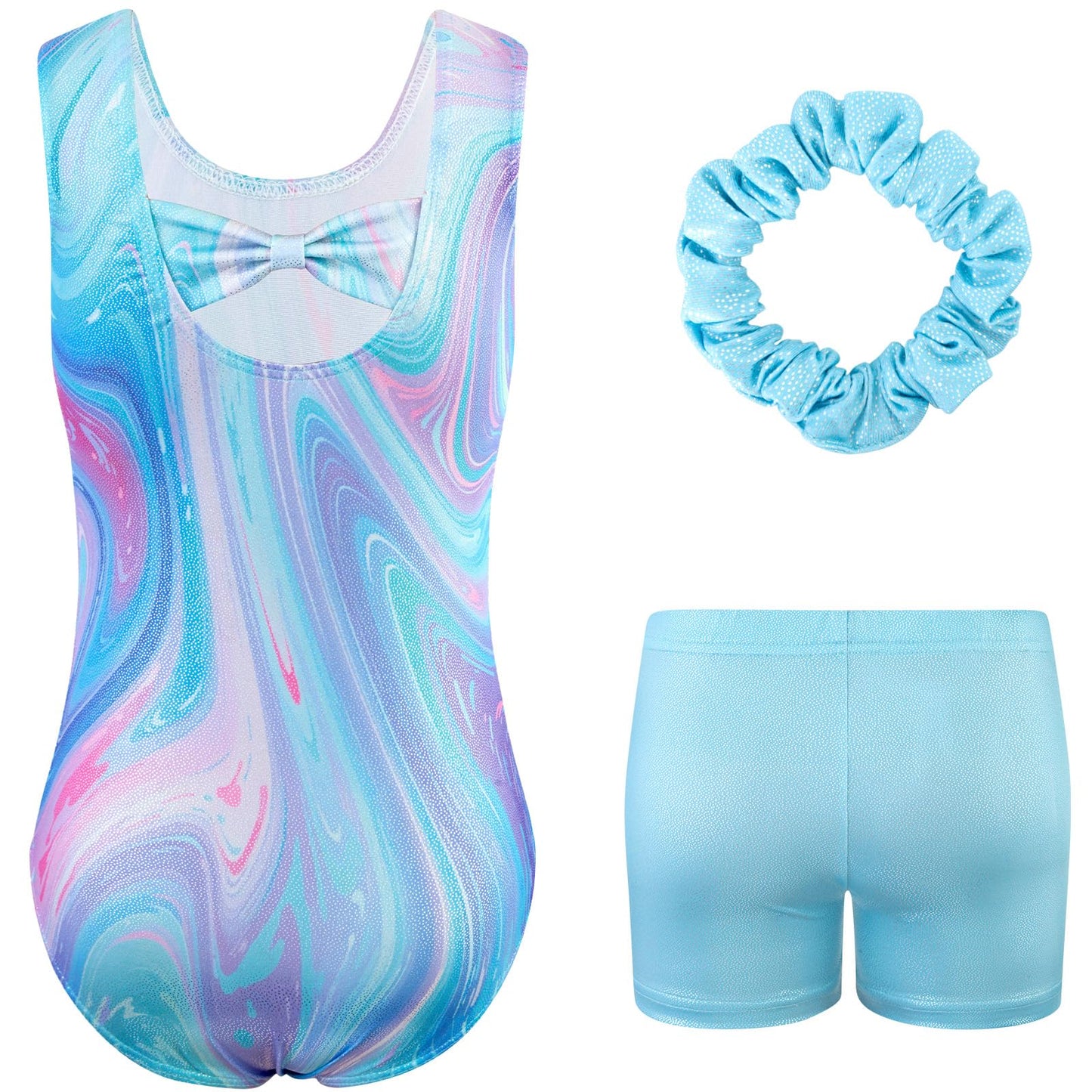 HOZIY Gymnastics Leotards for Girls Marble Blue Sleeveless Sparkle Unitard Tumbling Outfits with Shorts Scrunchie 3 Piece Activewear Sports Size 6-7