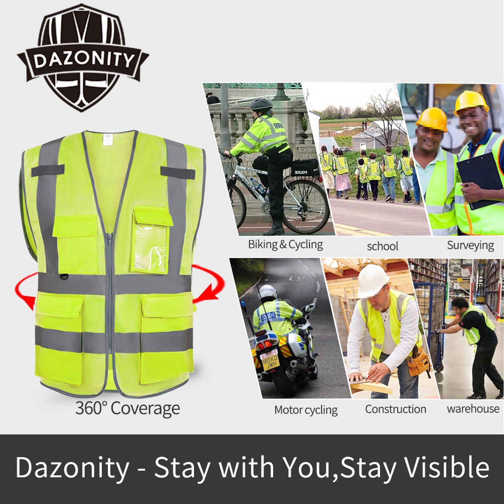 Dazonity High Visibility Mesh Safety Vest with Multi Pockets and Zipper, Fit for Men & Women, Work, Construction, Surveyor
