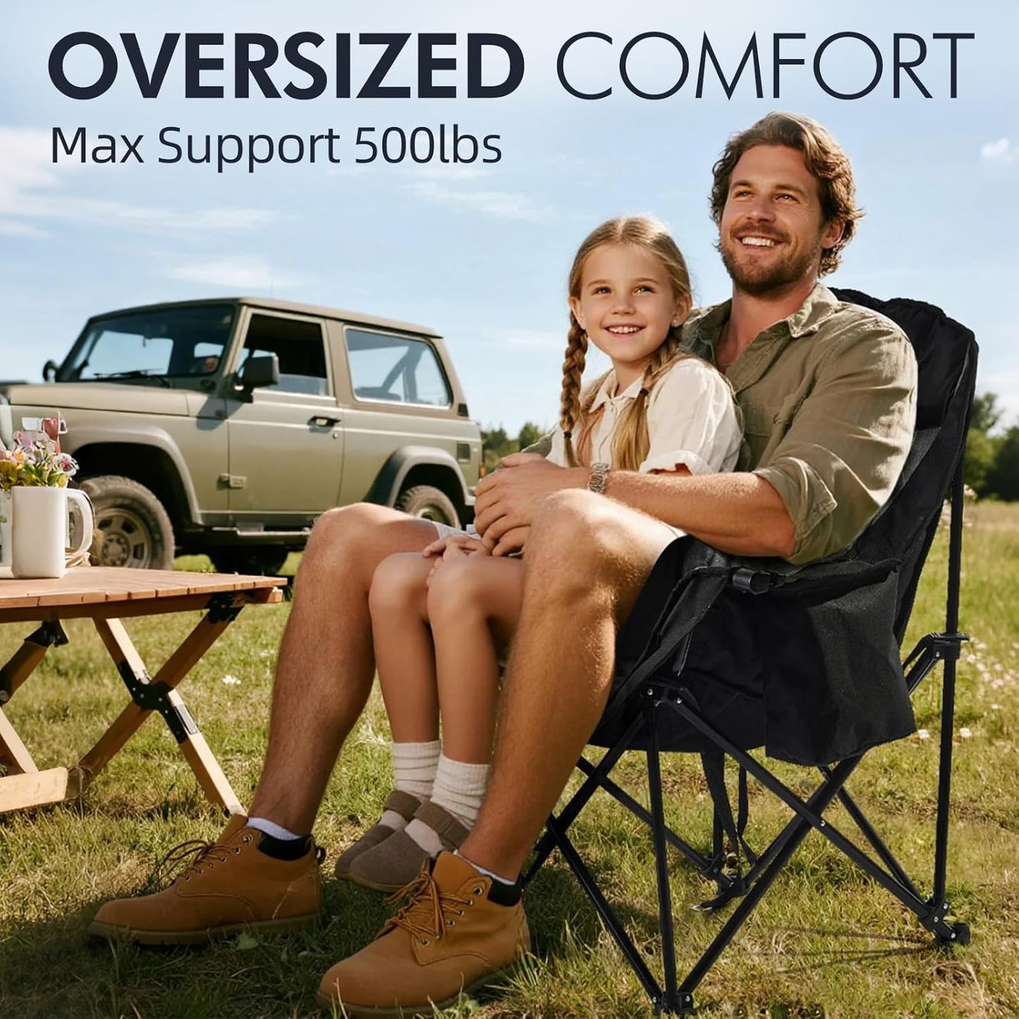 Skiennix Oversized Camping Chair - Heavy Duty Padded Folding Lawn Chair with Cup Holder | Supports 500lbs, Black