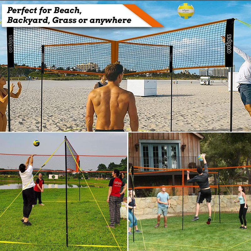 4-Way Volleyball and Badminton Net Combo Game Set - 20ft x20ft Adjustable Height Four Square Volleyball Game net for Backyard and Beach, Coming with Soft Volley Ball, Rubber Hammer with Carry Bag