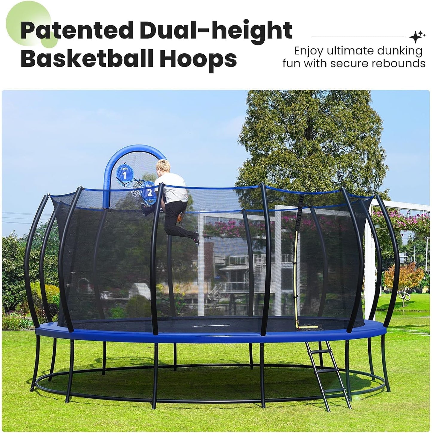 Zupapa 1800LBS Capacity Double Frame Trampoline - No-Gap Safety Design | Curved Poles & Basketball Hoop - 12FT to 16FT
