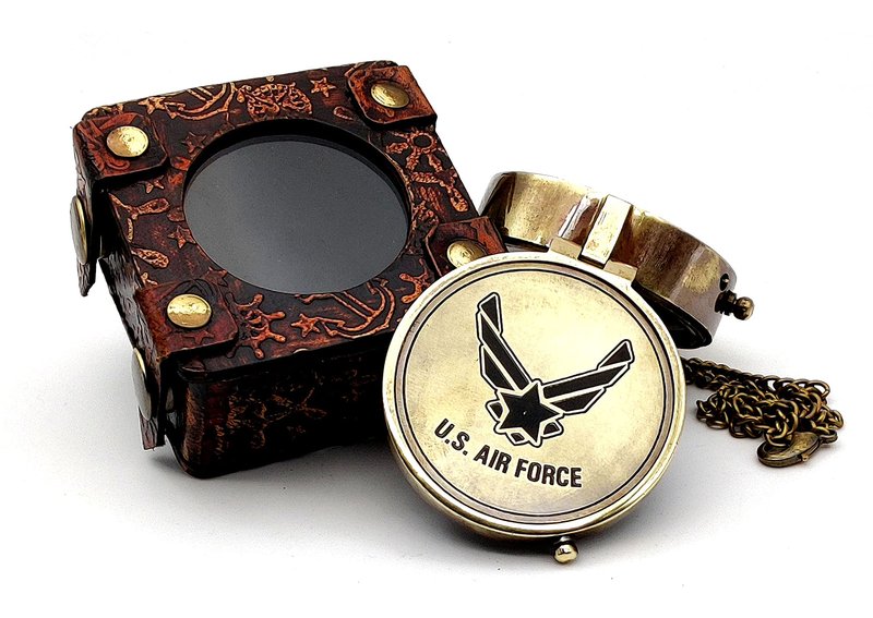 5MoonSun5's US AIR Force Engraved Brass Military Compass Nautical Marine with Leather Display Case - Perfect and Unique Gift for Army Person - Survival Navigation Compass for Hiking Camping Hunting