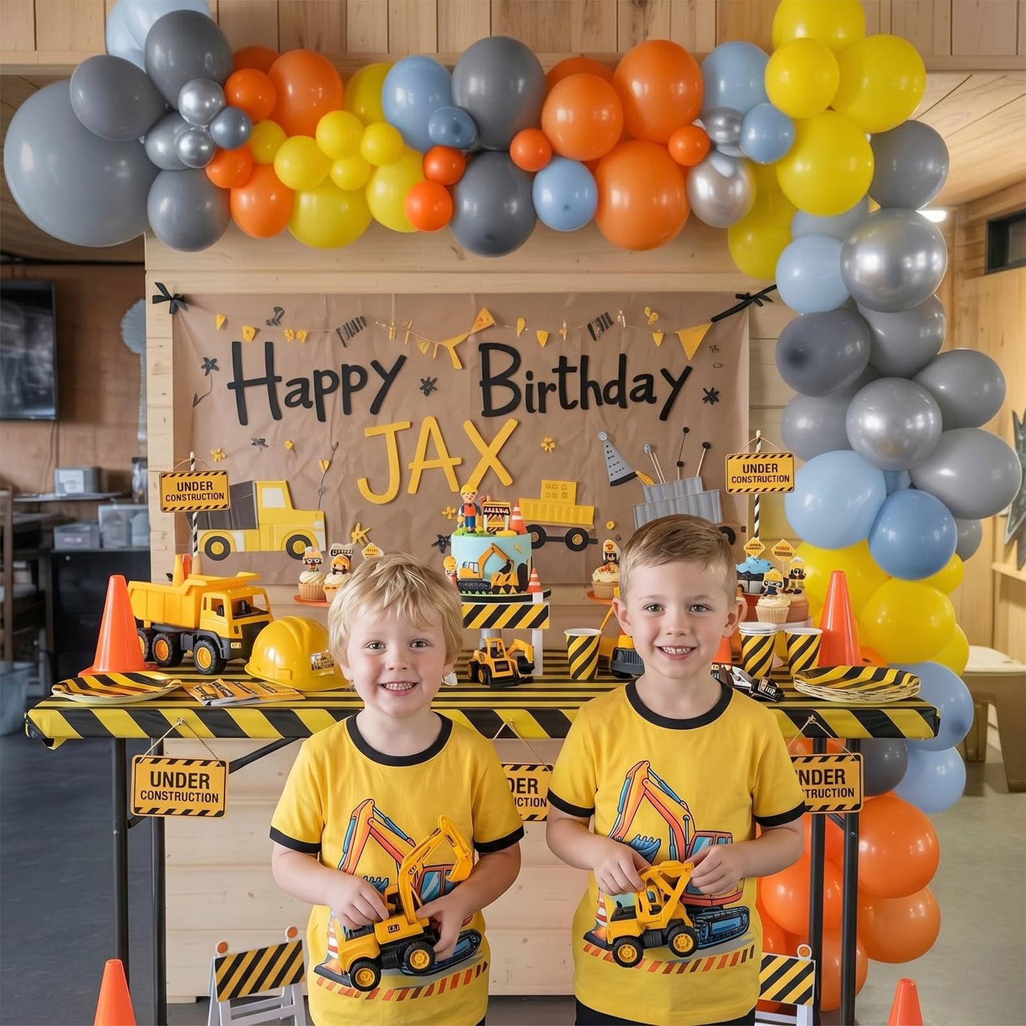 Construction Theme Balloons, 12 inch Orange Yellow Dusty Blue Latex Balloon for Construction Birthday Truck Excavator Theme Boys Transportation Party Supplies