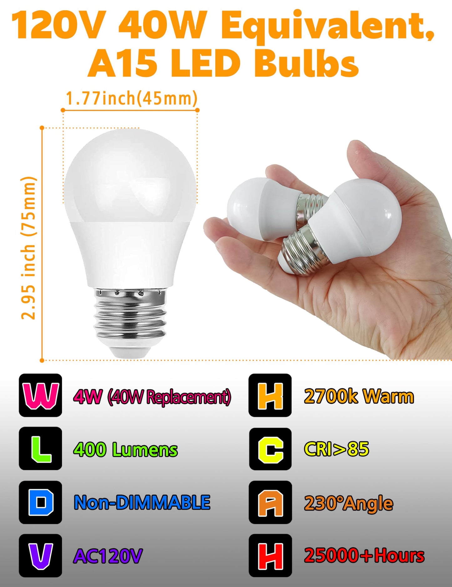 Xyanmc E26 LED Home Appliance Light Bulb 4Watt 120V, 40W Equivalent, A15 Bulbs 400LM 2700K Warm White, E26 Medium Base Freezer Ceiling Fan Chandeliers Table Wall Floor Lamps Non-Dimmable 2PCS