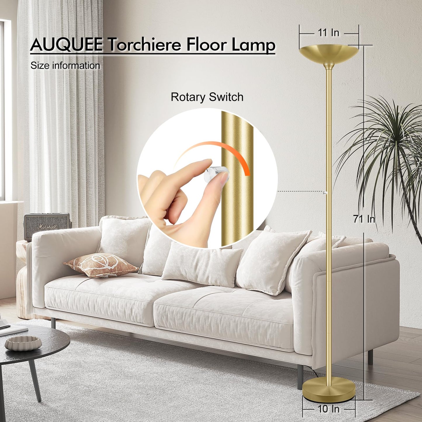 30W Torchiere Floor Lamp Gold, 3600LM Bright Stepless Dimmable Floor Lamp, 71 Inch LED Standing Lamp 3000K, Rotary Switch, I Inch Thick Pole, Tall Metal Torch Floor lamps for Living Room/Bedroom/Den