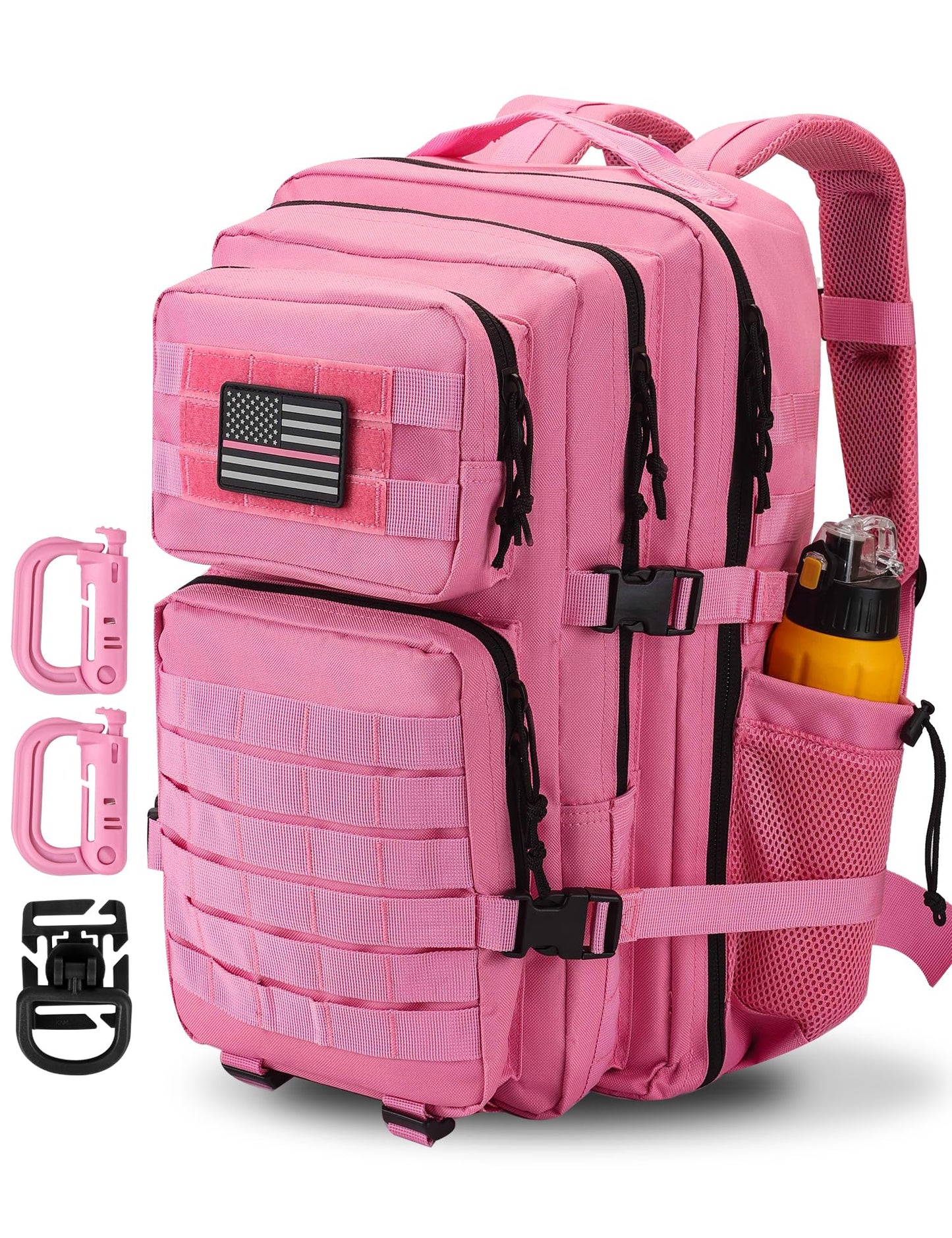 Hannibal Tactical 45L MOLLE Assault Backpack, Tactical Backpack Military Army Camping Rucksack with Bottle Holder, 3-Day Pack Trip w/USA Flag Patch, D-Rings, Pink