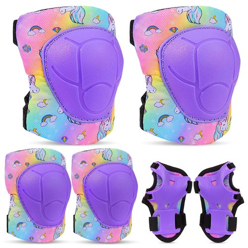 FIODAY Kids Knee Pads Set - Adjustable Protective Gear with Elbow Pads & Wrist Guard | Rainbow Unicorn, 3-8 Years