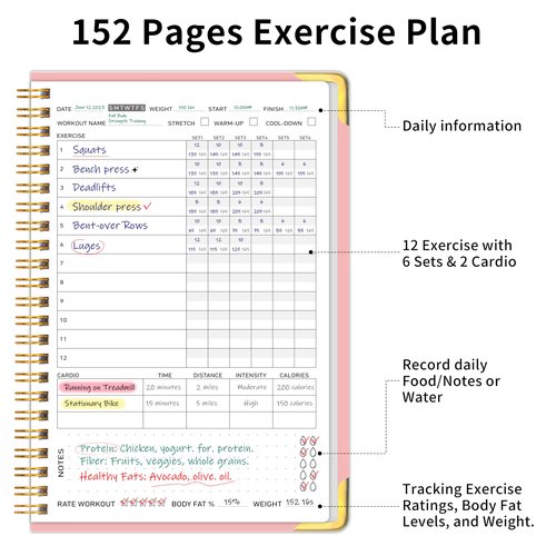 Kamoy Fitness Workout Planner for Women & Men, A5(5.7" x 8.2") Workout Log Planner for Track Gym ＆ Home Workouts, Track Progress, Achieve Your Wellness Goals - Pink