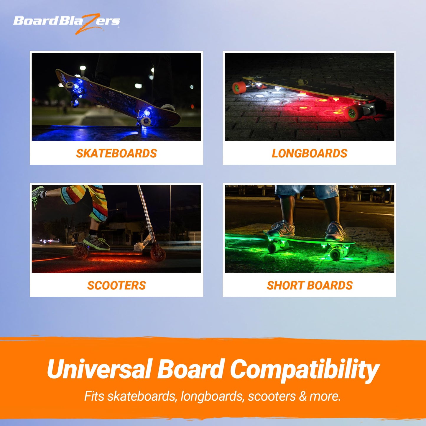 Board Blazers Crazy Color Changing LED Underglow Lights for Longboards, Scooters - Original Skateboard Lights