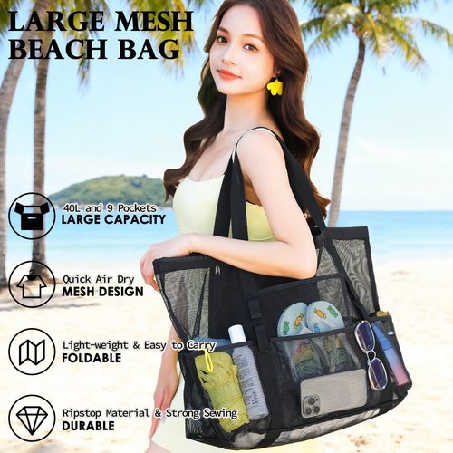 Fammart Large Mesh Beach Bag - Versatile Tote with Zipper Pocket for Family Travel & Pool Essentials