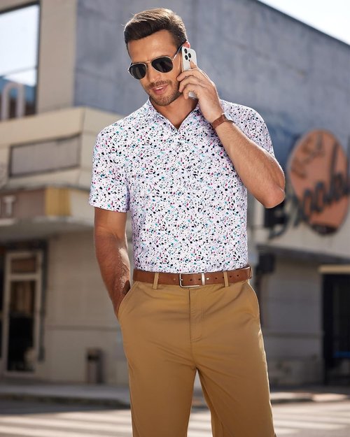 DEMEANOR Men's Golf Polo Shirt - Short Sleeve Moisture-Wicking Performance | Casual Tennis Print