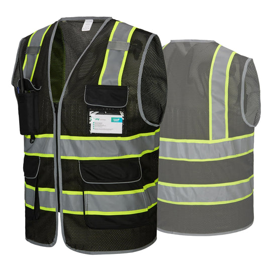 COOLJOB 9 Pockets Reflective Mesh Safety Vest for Men, Hi-vis Work Vest for Construction, Class 2 ANSI Standard, Black X-Large 1 pack