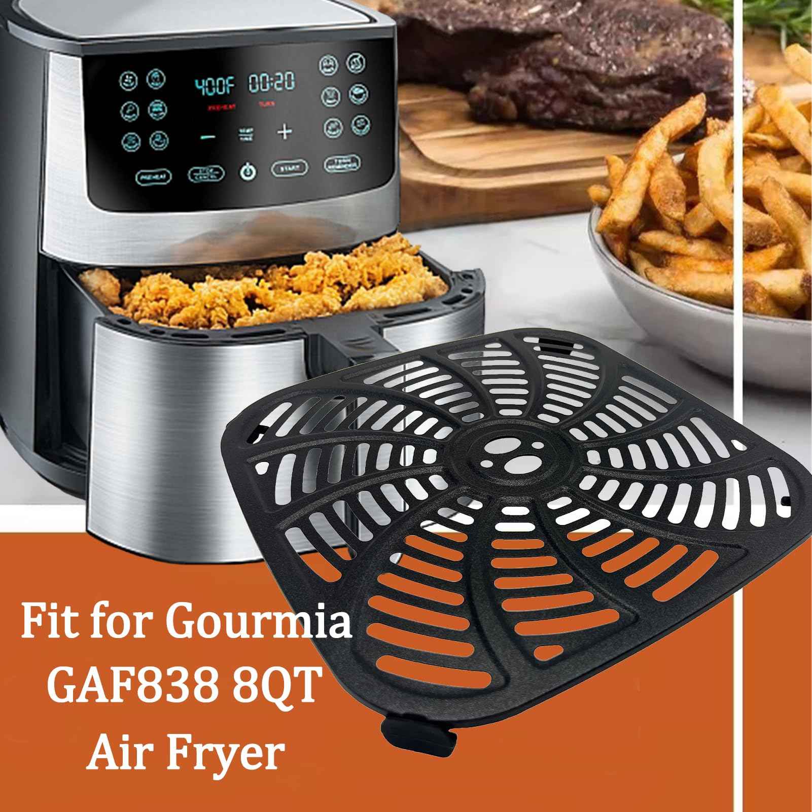 GSZN 8QT Square Air Fryer Grill Plate for Gourmia GAF838 Air Fryers, Upgraded Nonstick Air Fryer Grill Pan Insert Rack Crisper Tray Plate Grate Grid Shelf for Gourmia 8QT Air Fryer, Dishwasher Safe
