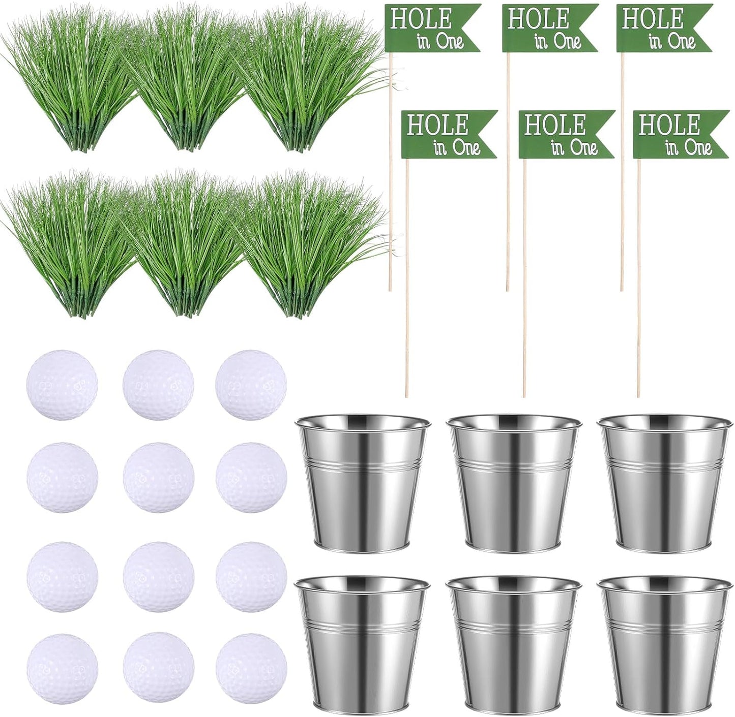 Soulchen Golf Party Table Decorations Kit - 6 Iron Buckets, 12 Mini Golf Balls & 6 Flags | Classic Sports Theme
