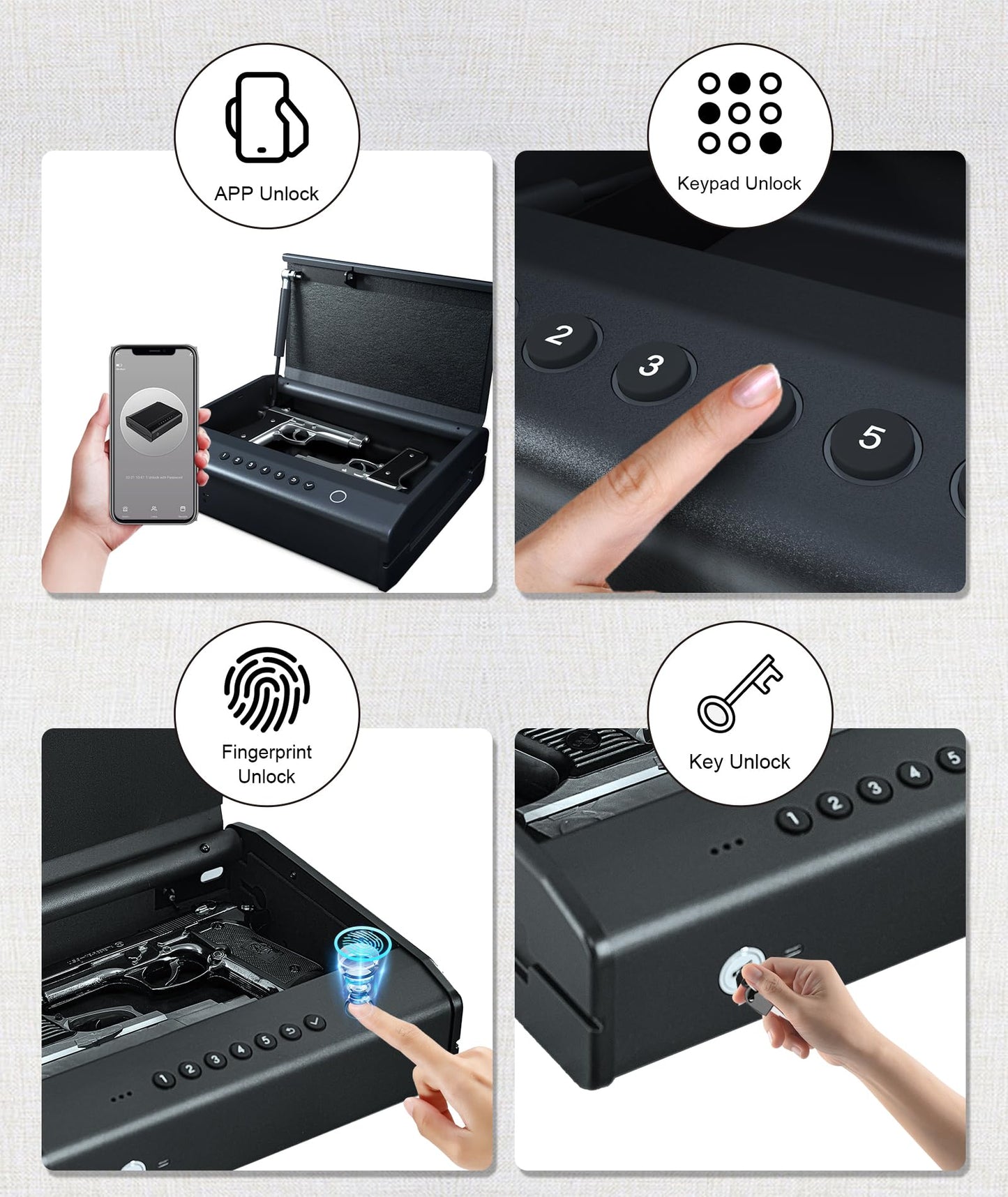 PINEWORLD Gun Safe For Handgun, Gun Case, Biometric Gun Safe For Car, Pistol Safes With Fingerprint|Passcode|Key Unlock, Full Voice Prompt Gun Lock Box with Cable, Charging Port