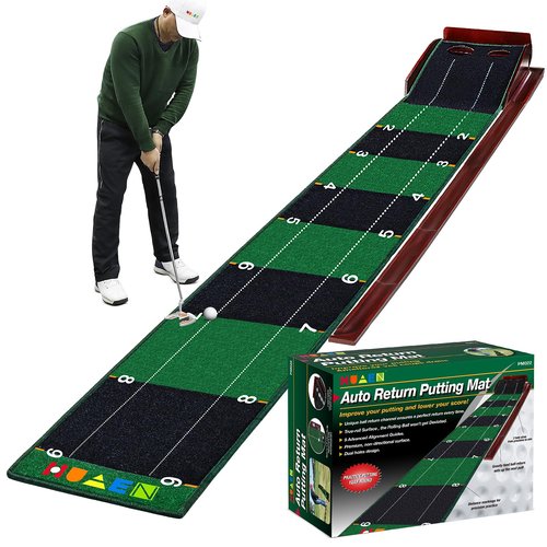 HUAEN Putting mat for Indoors,Golf Practice Putting Green with Ball Return,Office Putting matt,Gift for Golf Lovers