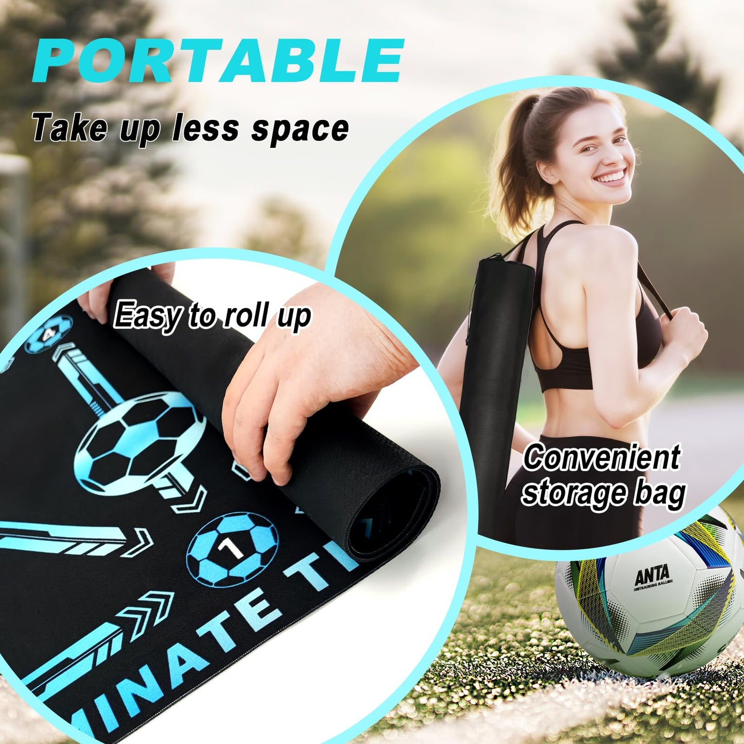 Doskona Football Footstep Training Mat, Soccer Training Mat 35 * 24IN, Soccer Practice Equipment with Storage Bag and Soccer Return Trainer Net (New Black-Blue)