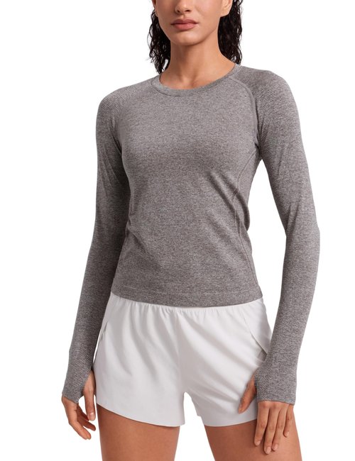 CRZ YOGA Seamless Long Sleeve Shirts for Women Waist Length - Workout Athletic Running Gym Yoga Tops Crewneck Breathable Hot Fudge Brown Heather Medium