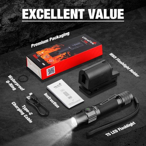 ULTRAFIRE Tactical Flashlight with Belt Holster, 1800 High Lumen Rechargeable Flashlight with Duty Belt Holder, Security Flashlight for Police, Law Enforcement, 6 Modes LED Flashlight with Dual Switch