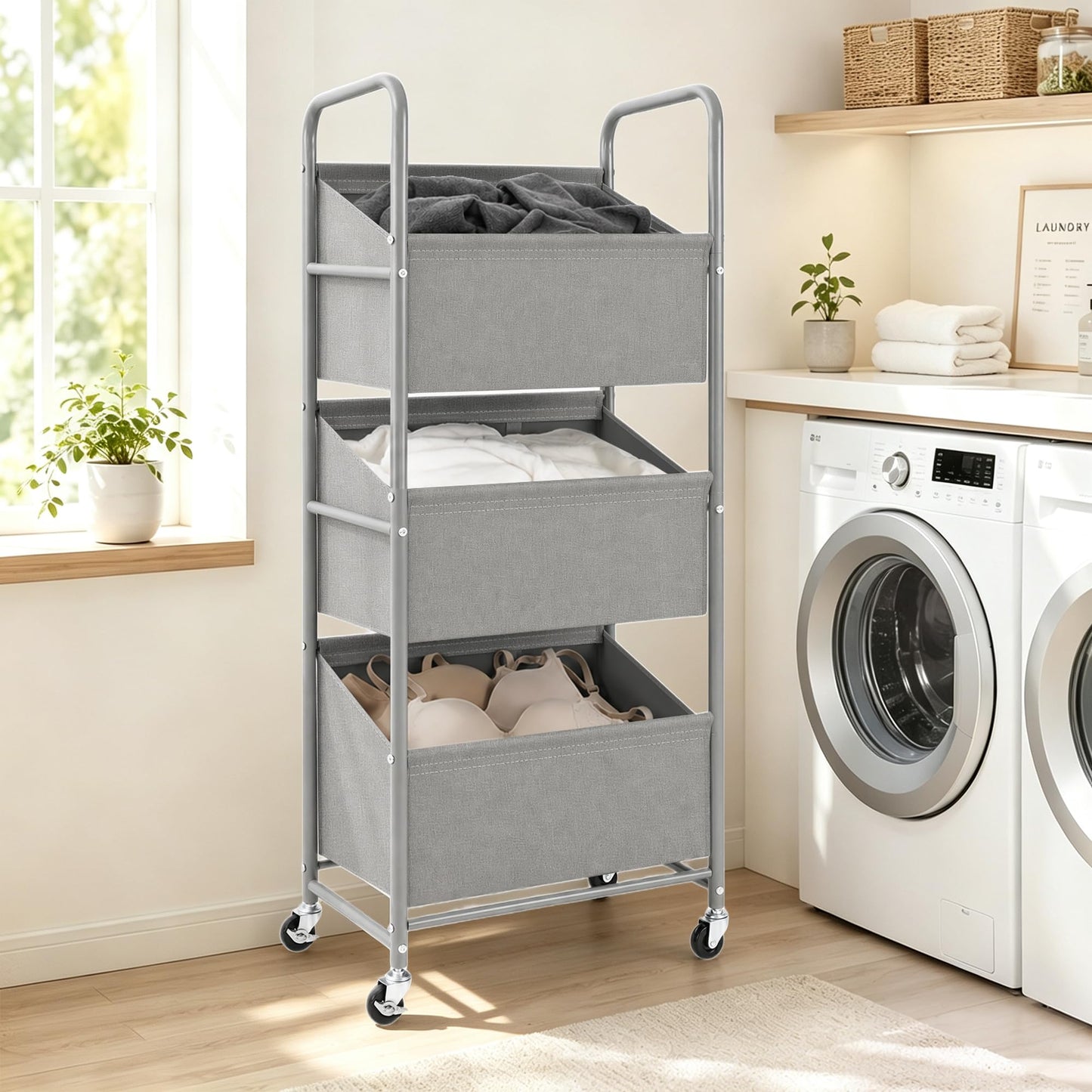 STO STO 3-Tier Vertical Rolling Laundry Hamper, Removable Bags, Gray Faric