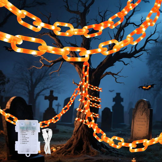 woohaha Halloween Decorations Battery/USB Plastic Chain Lights，10.5FT 175LED Orange Props Chains String Lights,8 Modes and Timer for Outdoor Halloween Party Creepy Cosplay Spooky Ornaments
