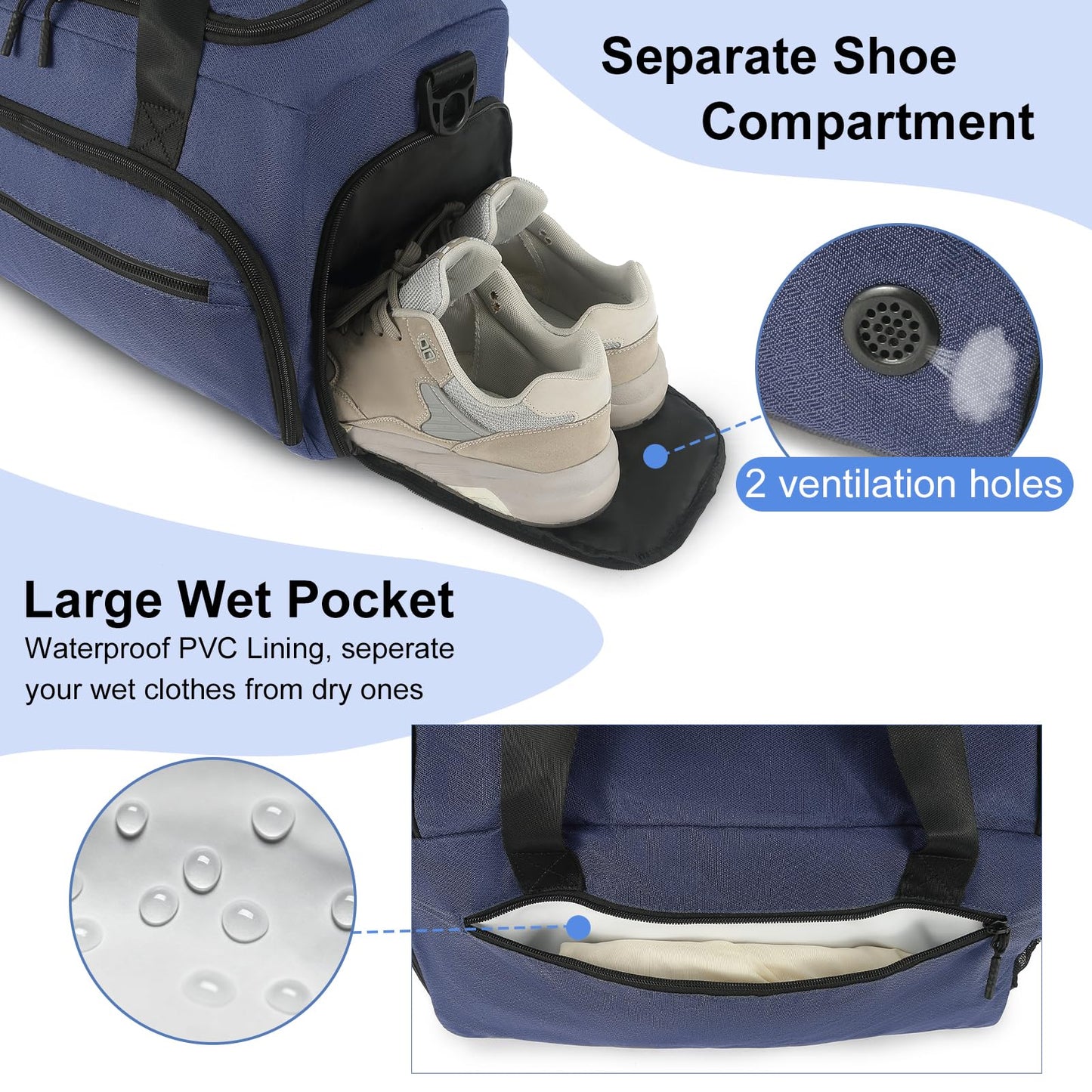 Gym Bag for Men Women, Sports Duffle Bag with Wet Pocket & Shoes Compartment, Water Resistant Overnight Weekender Bag Duffel Bag - Blue