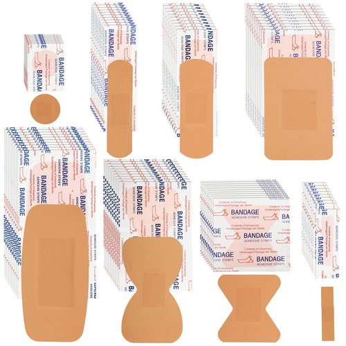 Lounsweer 720 Pcs Assorted Bandage Bulk Variety Pack Flexible Adhesive Breathable Bandage for Waterproof Fingertip Wound Care Face Arm Scrape Knee Multi Size First Aid Kit Refill(Multi Styles,Brown)