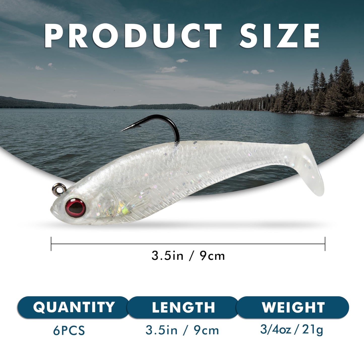 VELBAIT Pre-Rigged Soft Fishing Lures with Weedless Hook, Lifelike Paddle Tail Swimbaits for Bass Fishing, Freshwater & Saltwater Soft Plastic Baits for Bass, Pike, Trout, and Walleye (3.5in / 0.75oz)