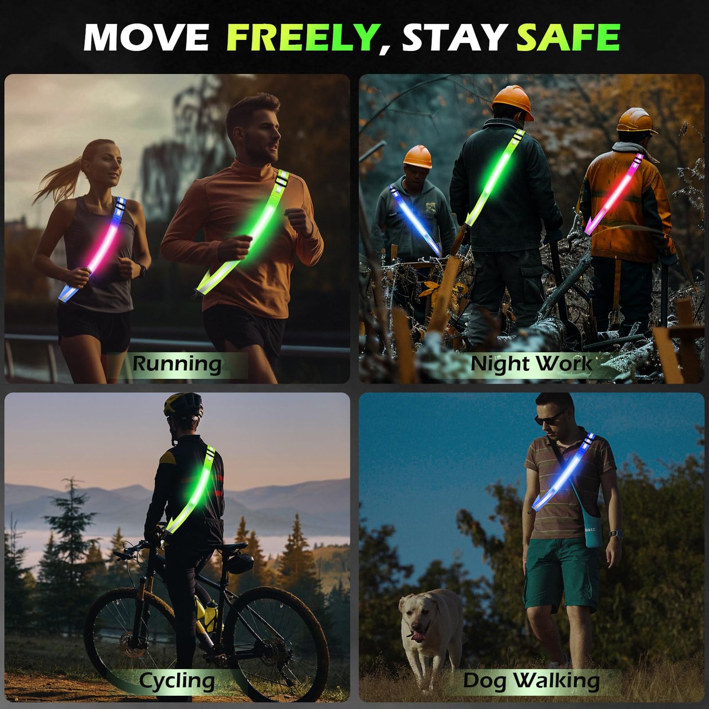 VIREOGEAR LED Safety Sash, USB Rechargeable Reflective Running Gear with 360° High Visibility, Adjustable Light Up Sash, 5 Colors & 11 Flash Modes for Running, Walking, Cycling & Dog Walking
