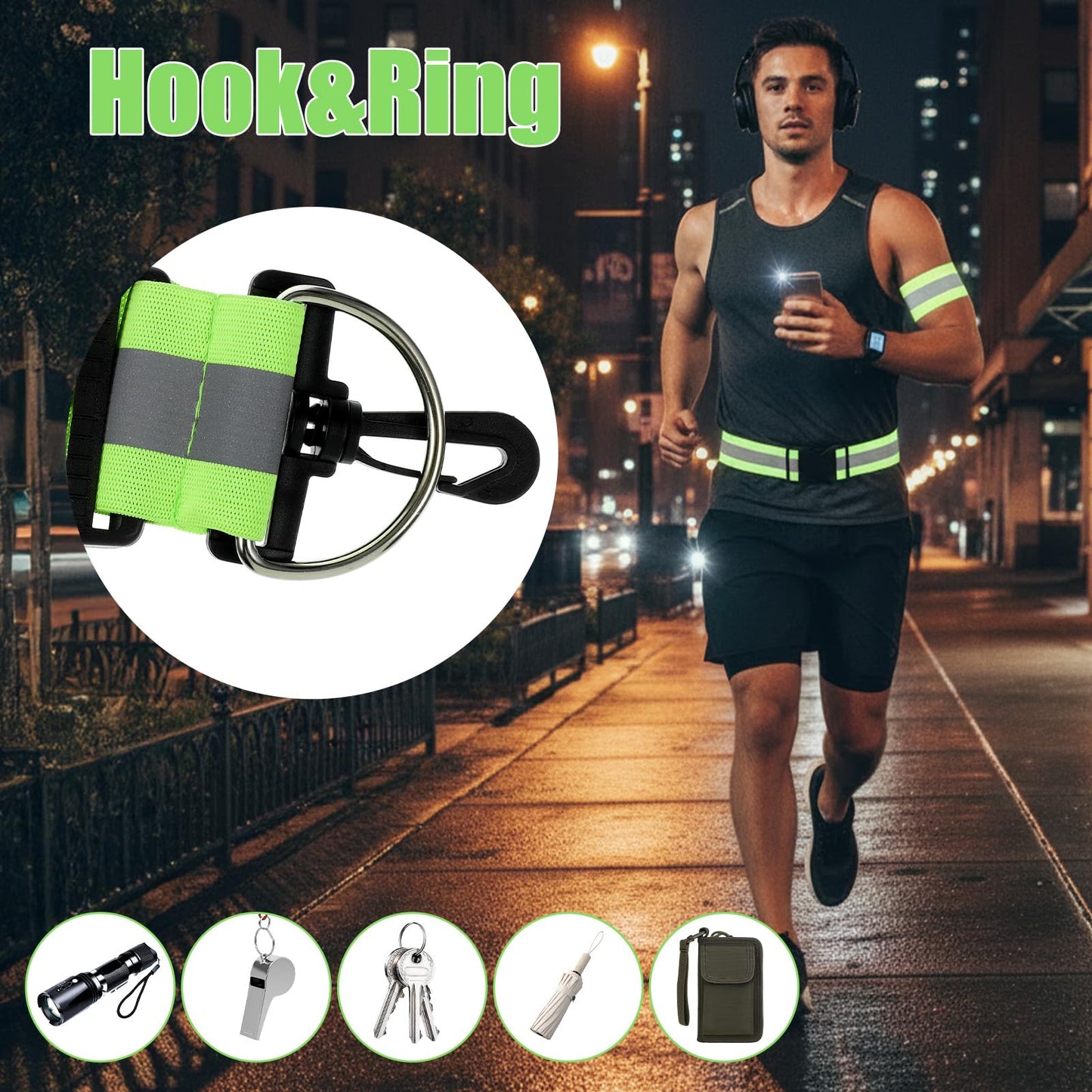 FdcZeyxior Reflective Sash for Walking at Night, Reflective Running Gear High Visibility Night Running Gear for Men Women with 2 Pcs Armbands and 2 Pcs Reflectives Keychain