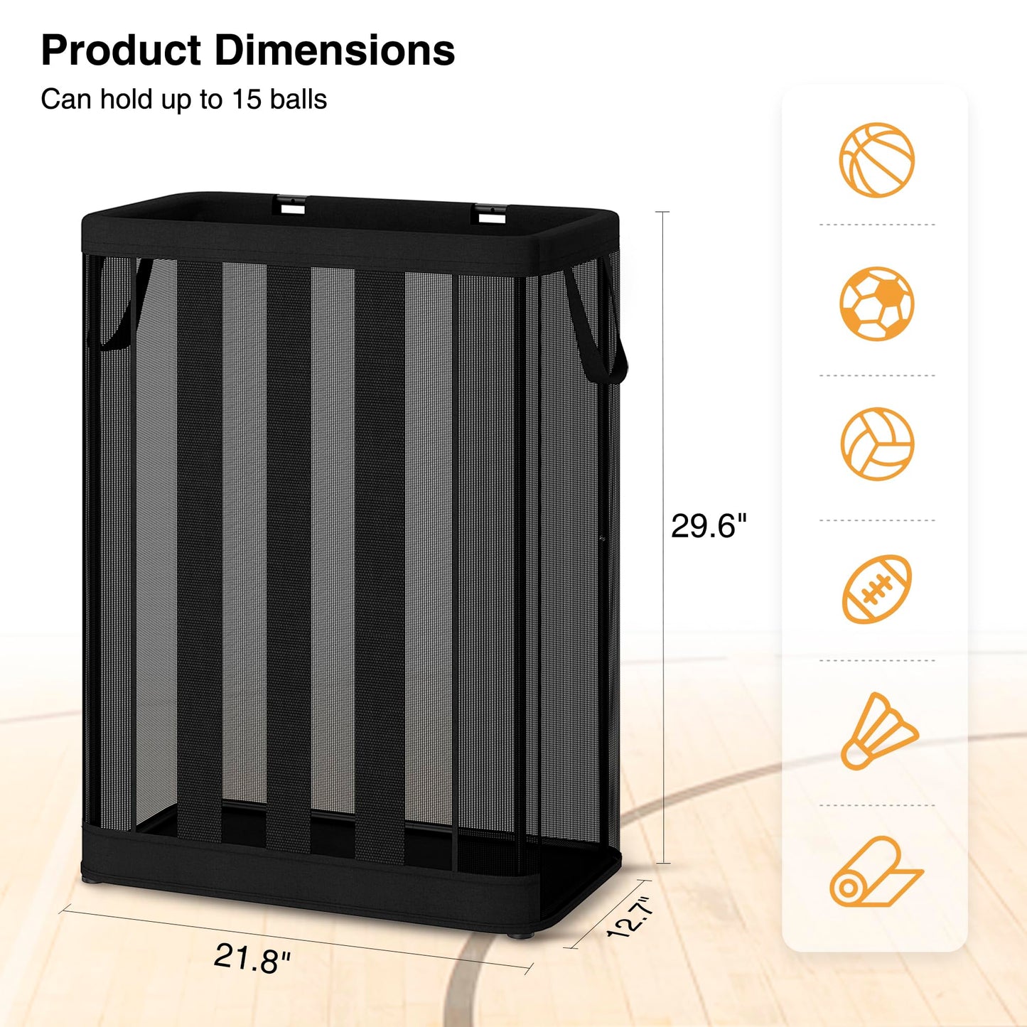 STO STO Ball Storage Basket, Wall-Mounted or Freestanding Garage Ball Organizer Holder, Holds up to 15 Balls, Sports Equipment Organizer with Elastic Front Access for Garage, Gym, Playroom, Black