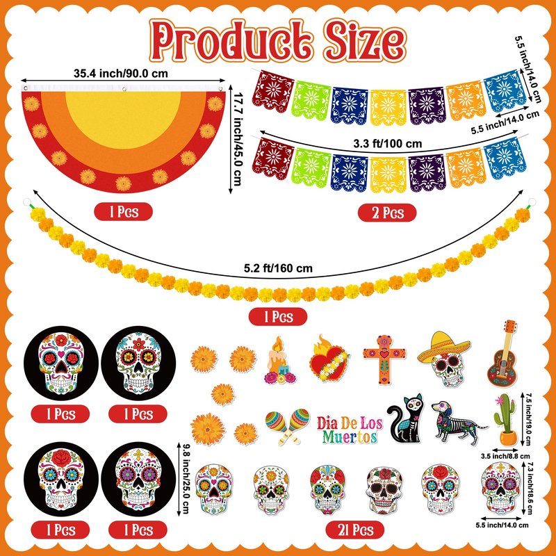 R HORSE 29Pcs Day of The Dead Golf Cart Decoration Kit, Mexican Party Banner Marigold Garland Burlap Bunting Flag Waterproof Sugar Skull Sticker Decor Dia De Los Muertos Party Supplies