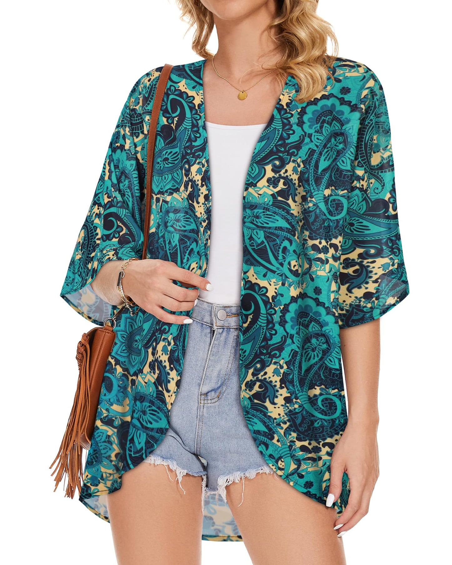Women's Floral Kimono Print Puff Sleeve Loose Cardigan Cover Up Casual Blouse Summer Tops (Blue Yellow Floral, M)