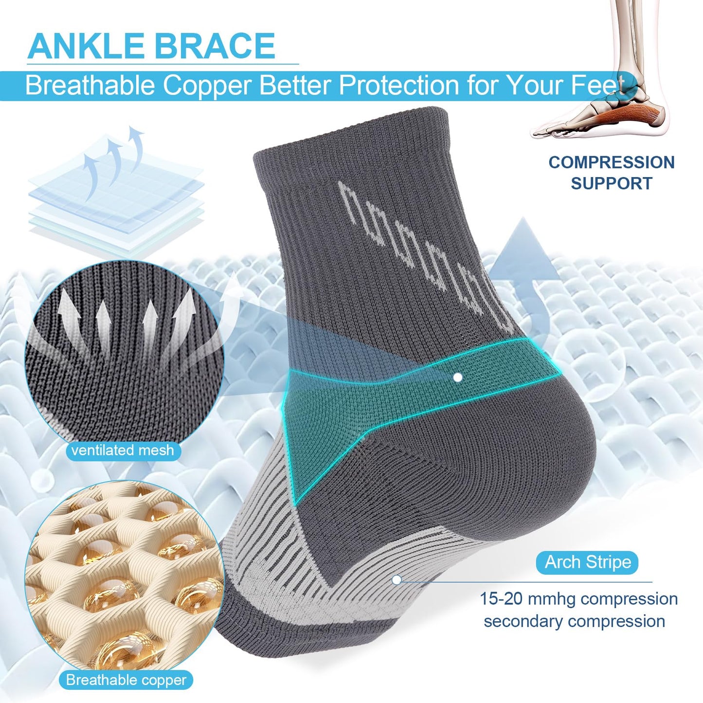 DRNAIETY 2 Pairs Copper Ankle Brace for Men and Women - Ankle Compression Sleeves, Plantar Fasciitis Compression Socks, Foot Support for Sprains, Tendonitis, Breathable, Everyday Use (XL)