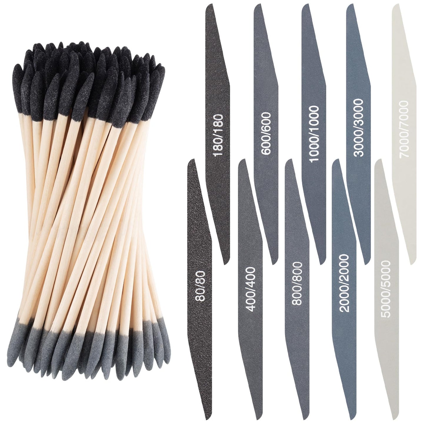 Wonderjune 40 Pcs Model Sanding Sticks Set Include 10 Polishing Sticks Assorted 30 Double End Matchsticks Fine Detailing Sanding Twigs Coded Abrasive Tools for Tight Spaces Models(Double Angle)