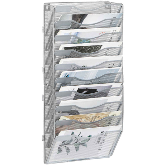 EasyPAG Wall File Organizer for Office 10 Pocket Mesh Wall Mounted Paper Organizer Hanging Folder Holder with Nametag Label for Home School, Silver