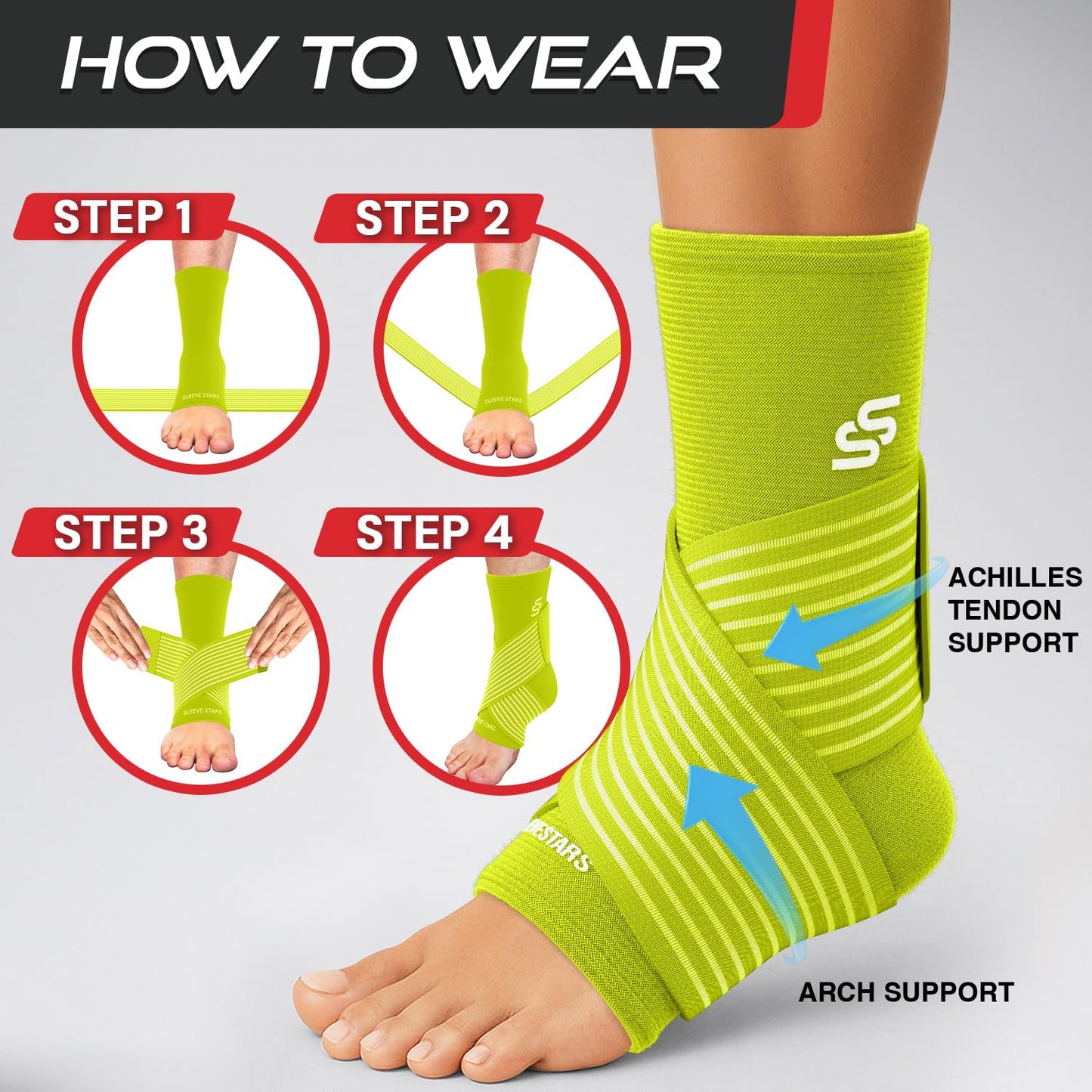 Sleeve Stars Ankle Brace for Women & Men, Ankle Wrap for Sprained Ankle, Compression Sleeve for Plantar Fasciitis Relief, Easy Customizable Support: w/ Removable Strap (Pair/M:10"-12"/Neon Yellow Green)