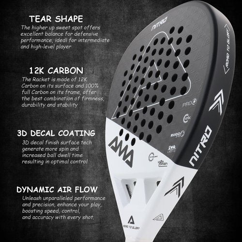 AMA SPORT Padel Racket 12K Carbon Fiber Surface with EVA Memory Flex Foam Core Padel Tennis Racket Lightweight Paddle Tennis Racquets (12K Black)
