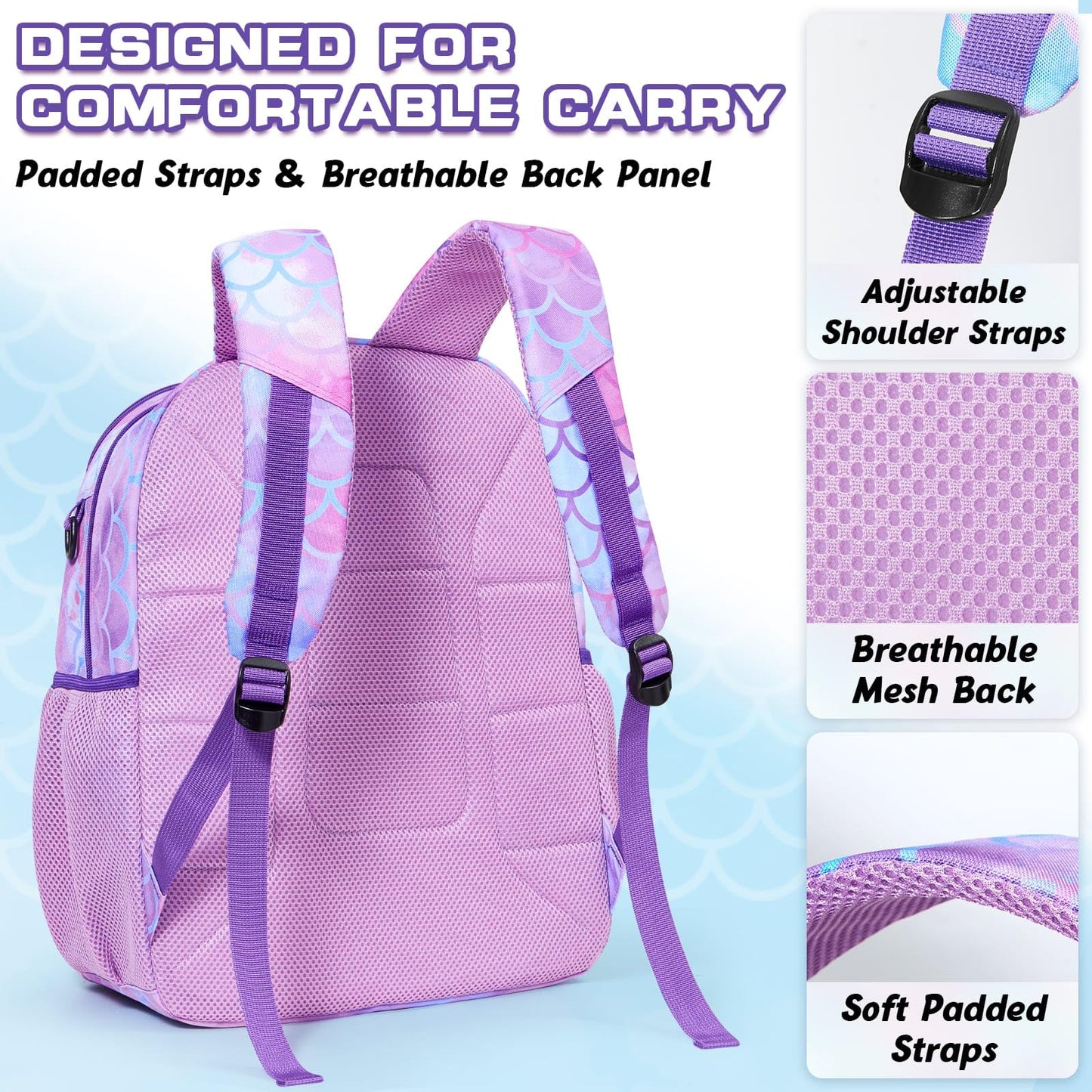 WAWSAM Mermaid Kids Swim Bag for Swimmers - Girls Beach Bag for Swimming with Wet Dry Compartments, Gym Sports Backpack with Shoes Compartment, Pool Bags Gym and Workout Gear
