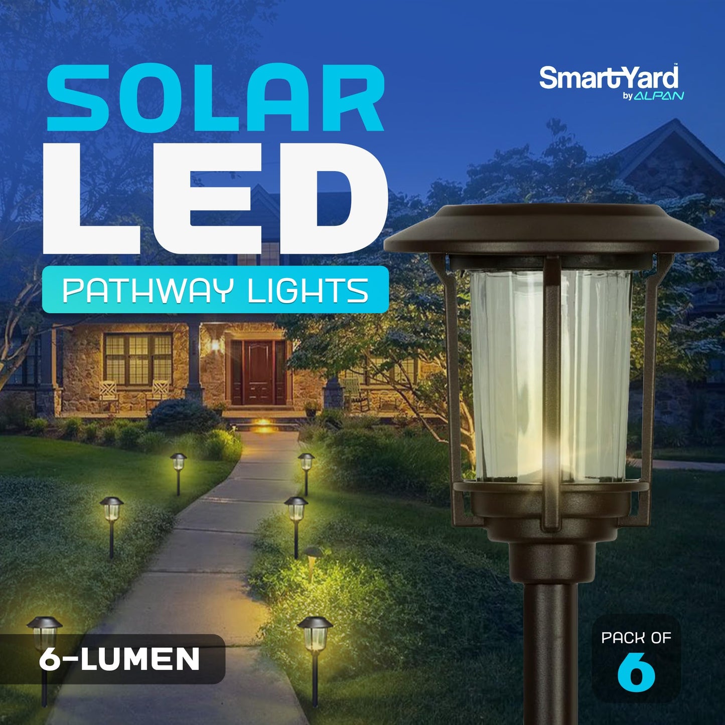 Smart Yard Solar LED Pathway Lights - 6 Pack, Nickel Finish, Modern Metal Design, Waterproof Outdoor Yard Lights, Automatic Rechargeable for Garden, Patio, and Pathways
