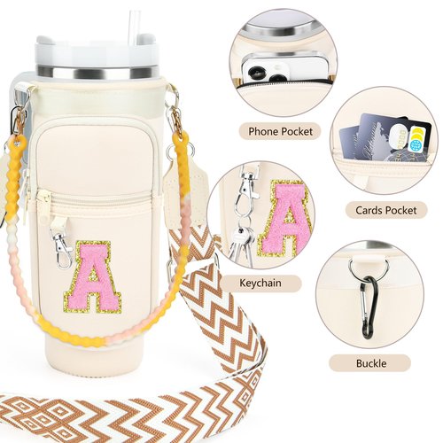 LOKASS Water Bottle Holder for Stanley Cup 40oz, Stanley Cup Accessories A-Z Personalized Water Bottle Carrier Bag with Strap, Personalized Gifts for Women/Girls/Stanley Cup Fans