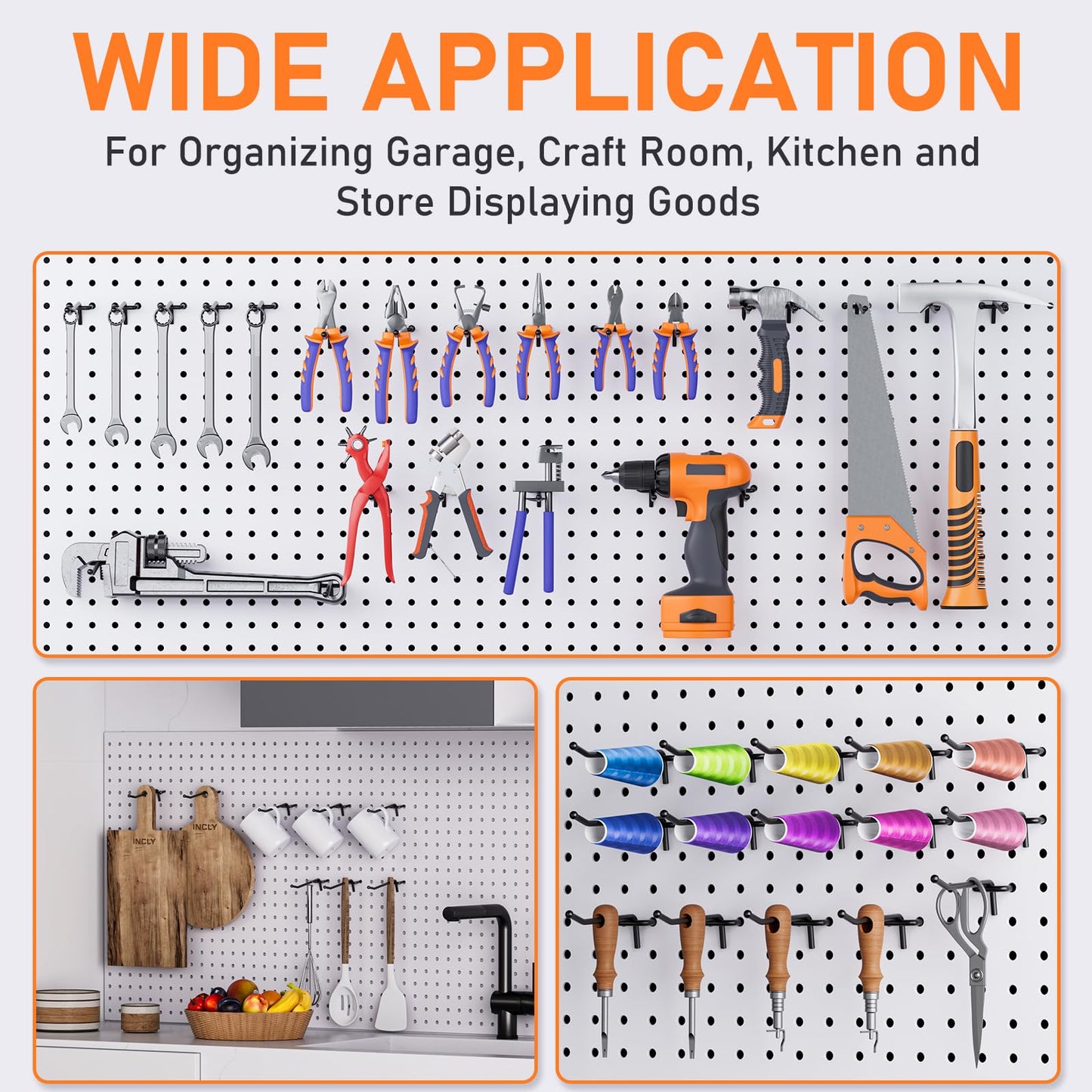 INCLY 36 Pack 4/6/8 Inch Black Pegboard Hooks, 1/4" Heavy Duty Peg Board Shelving Hooks Accessories, Peg Board Tool Hangers Fit 1/4" Pegboard for Organizing Garage, Craft Room, Kitchen, Store