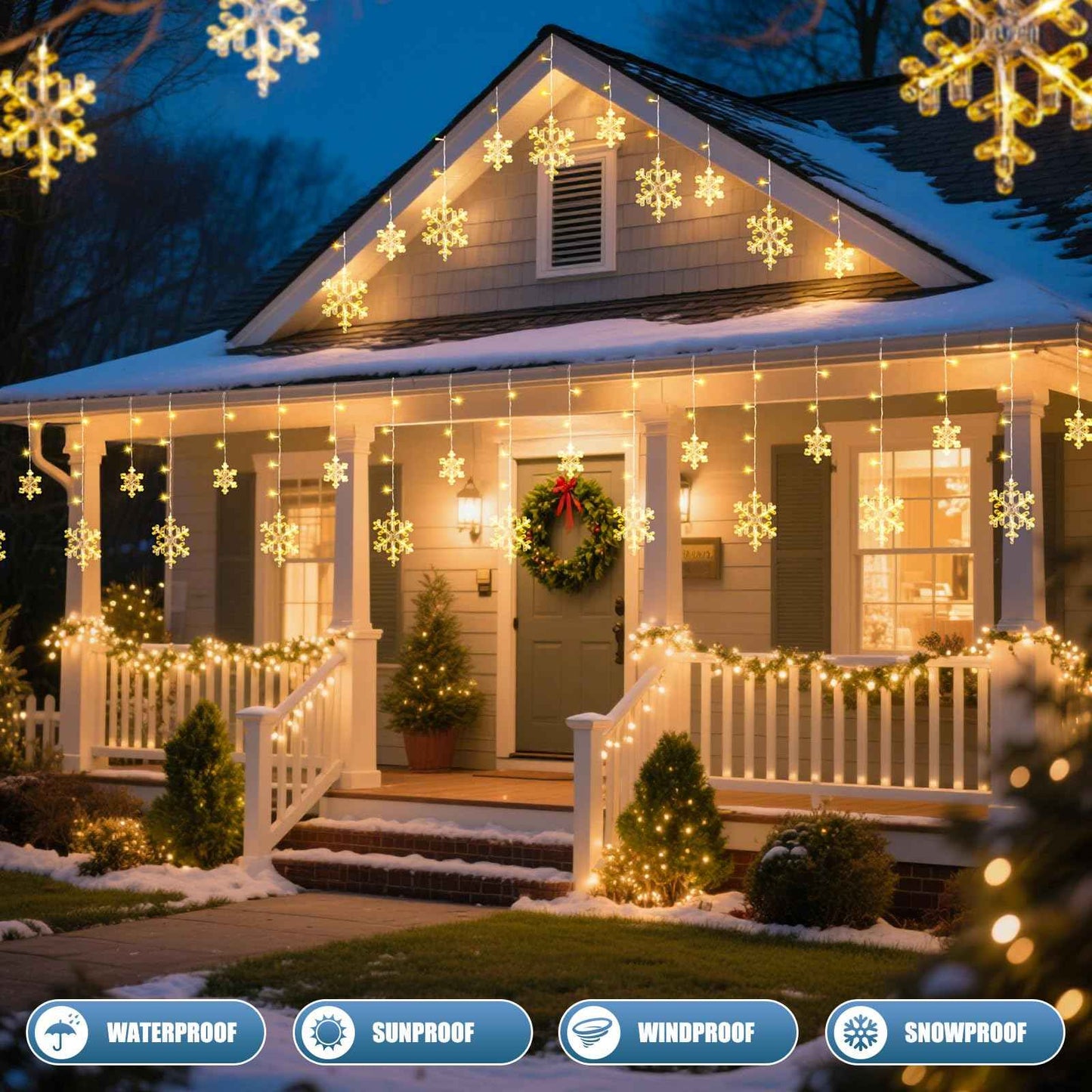 2 Pack 13 Ft 192 LED Snowflake Christmas Icicle Lights with 16 Drops, 8 Modes and Timer, IP65 Waterproof Connectable for Indoor Outdoor House Window, Warm White