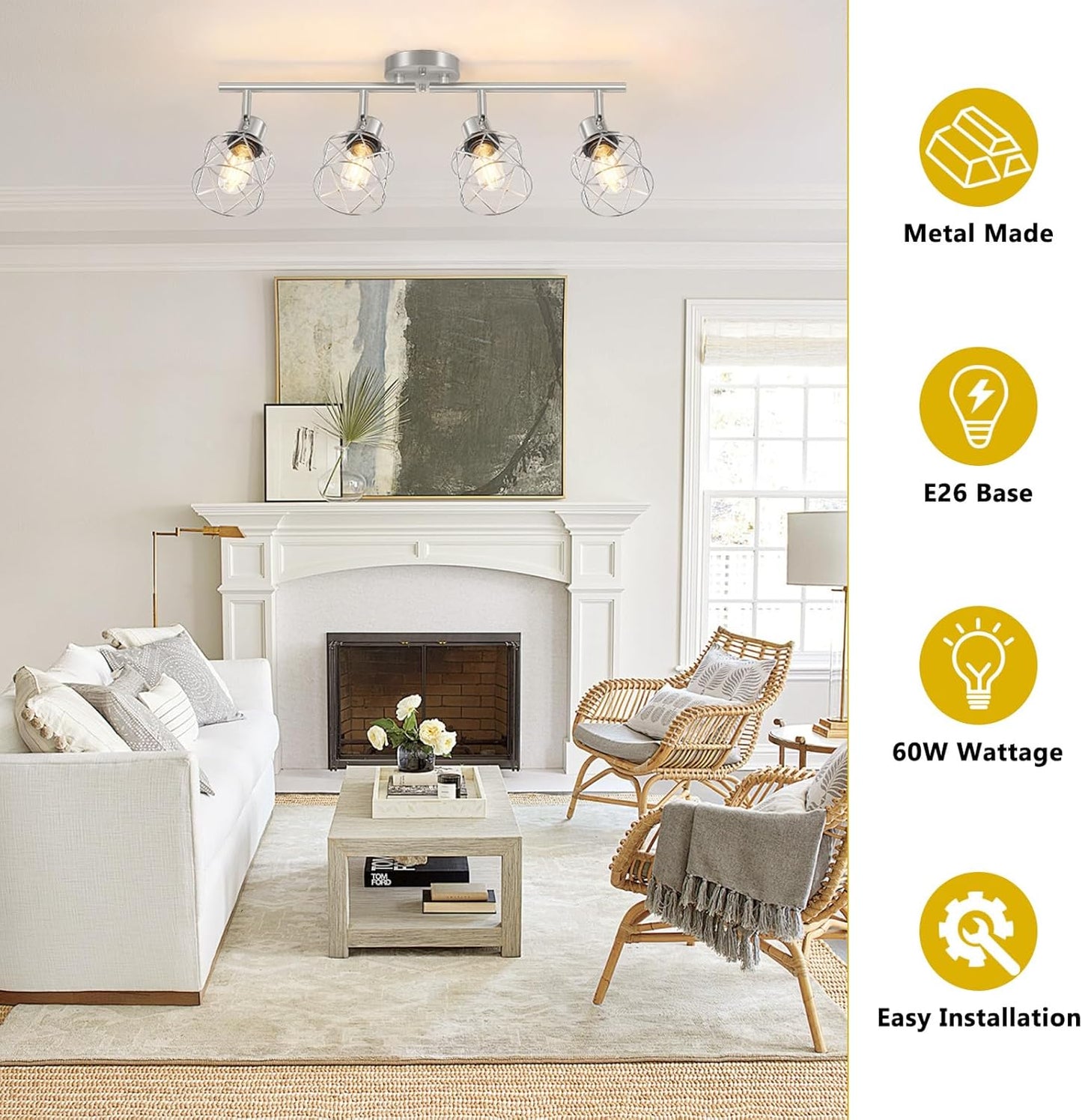 Adjustable 4-Light Semi Flush Mount Ceiling Light with Metal Cage - Farmhouse Style for Dining & Living Rooms