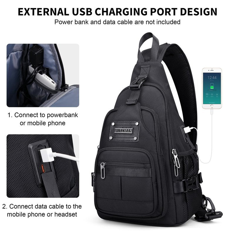 WITZMAN Sling Bag for Men Casual Crossbody Sling Bags with USB Charging Port for Travel Daily Cycling(B735 Black)